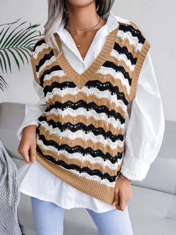 Stripe Knit V Neck Ves - Knitwear Sweater