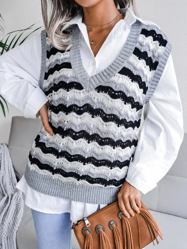 Stripe Knit V Neck Ves - Knitwear Sweater