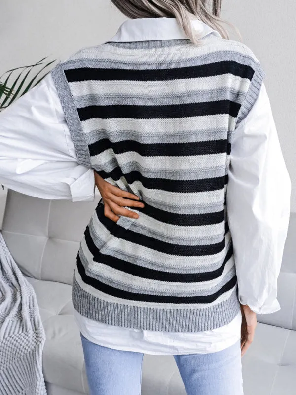 Stripe Knit V Neck Ves - Knitwear Sweater