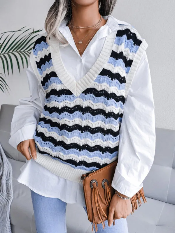 Stripe Knit V Neck Ves - Knitwear Sweater