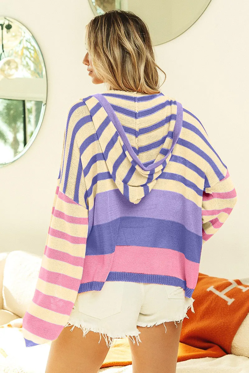 Striped Color Block  Hooded Knit Top