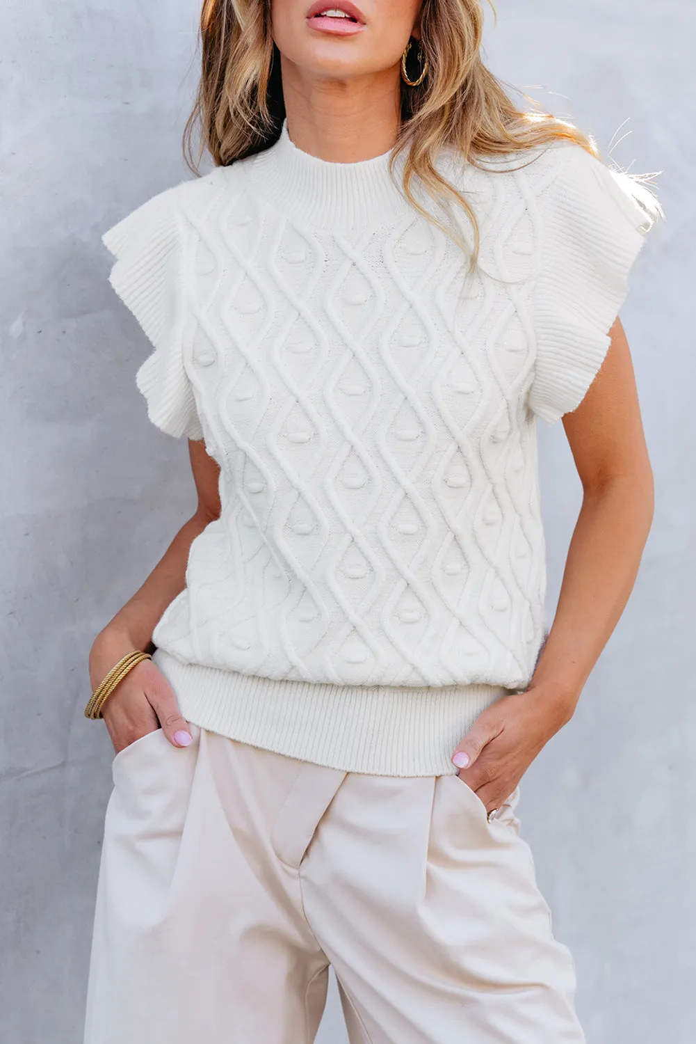 Textured Ruffled Mock Neck Knitted Vest