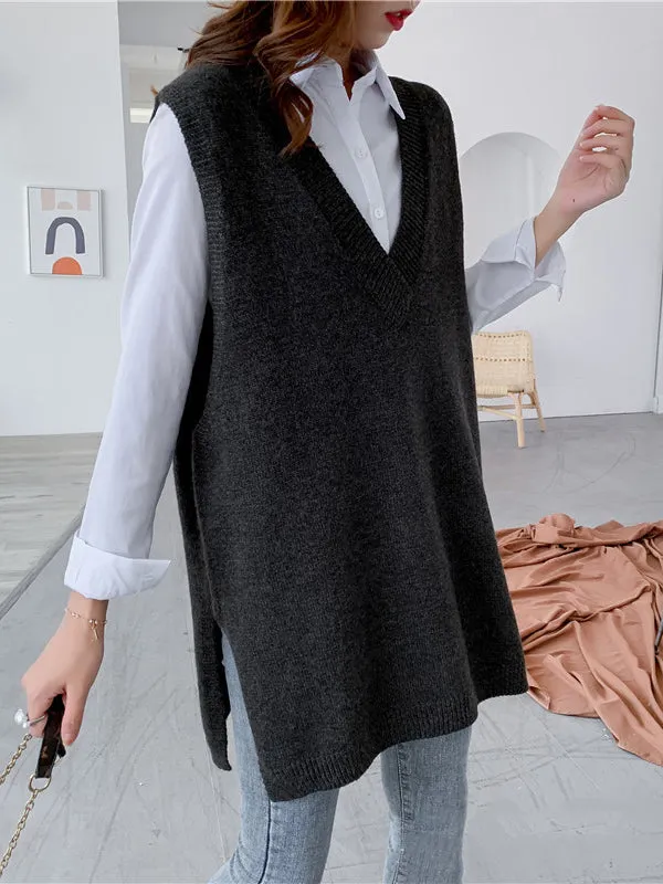 Trendy Sleeveless Split-Side Solid Color V-Neck Knitted Vest