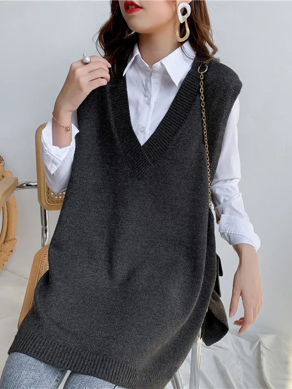 Trendy Sleeveless Split-Side Solid Color V-Neck Knitted Vest