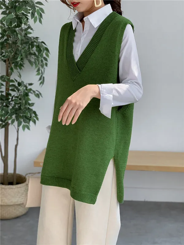 Trendy Sleeveless Split-Side Solid Color V-Neck Knitted Vest