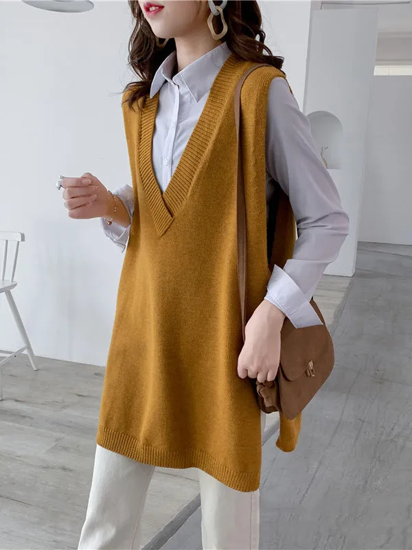 Trendy Sleeveless Split-Side Solid Color V-Neck Knitted Vest