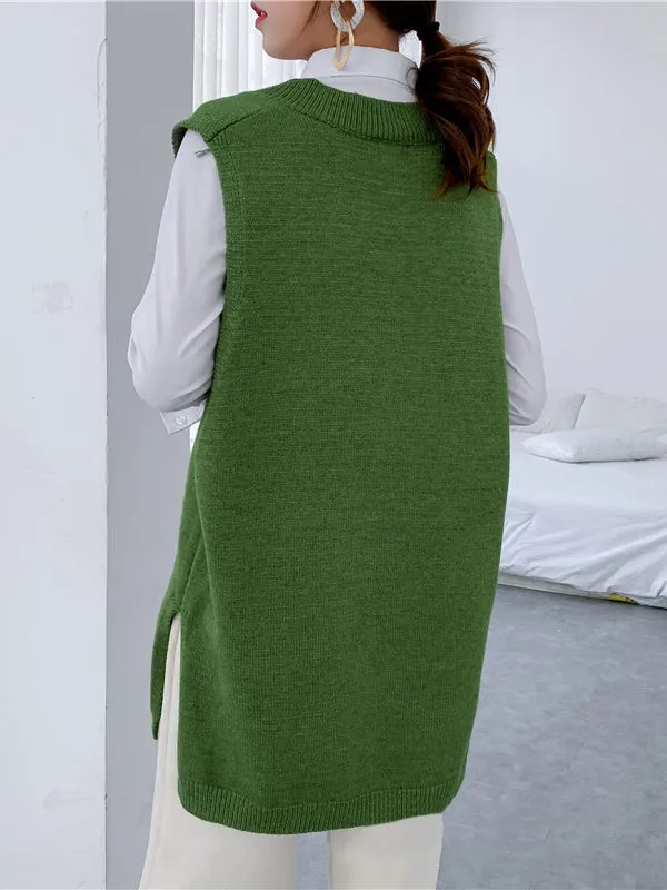 Trendy Sleeveless Split-Side Solid Color V-Neck Knitted Vest