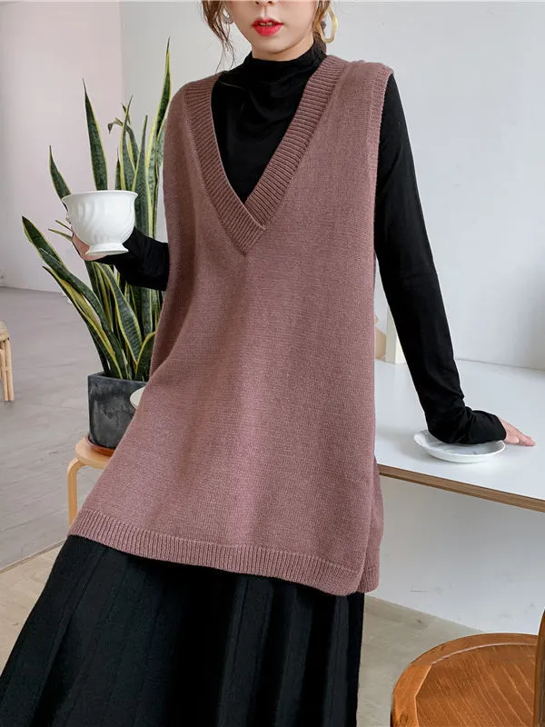 Trendy Sleeveless Split-Side Solid Color V-Neck Knitted Vest