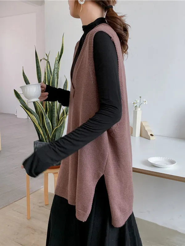 Trendy Sleeveless Split-Side Solid Color V-Neck Knitted Vest