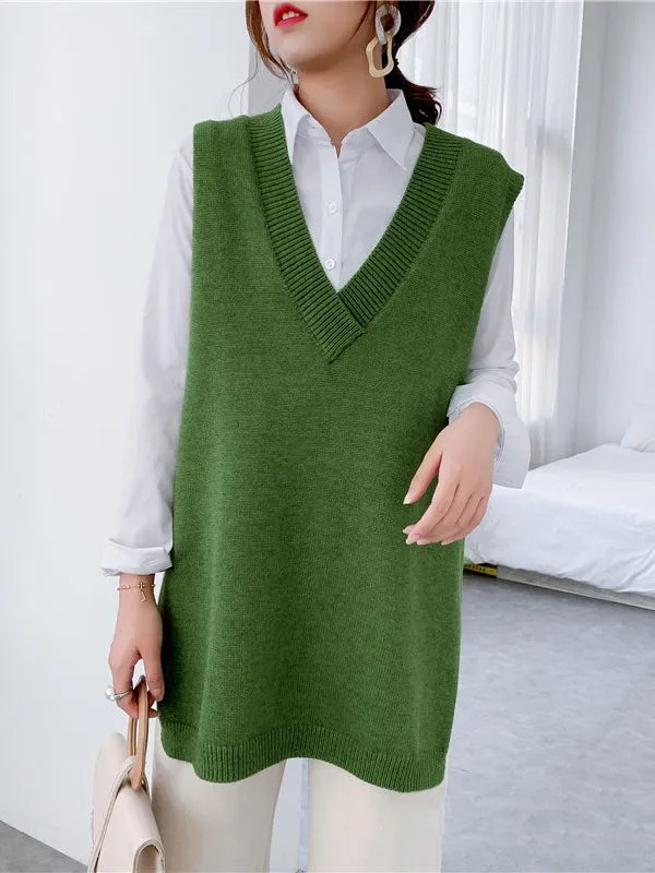 Trendy Sleeveless Split-Side Solid Color V-Neck Knitted Vest