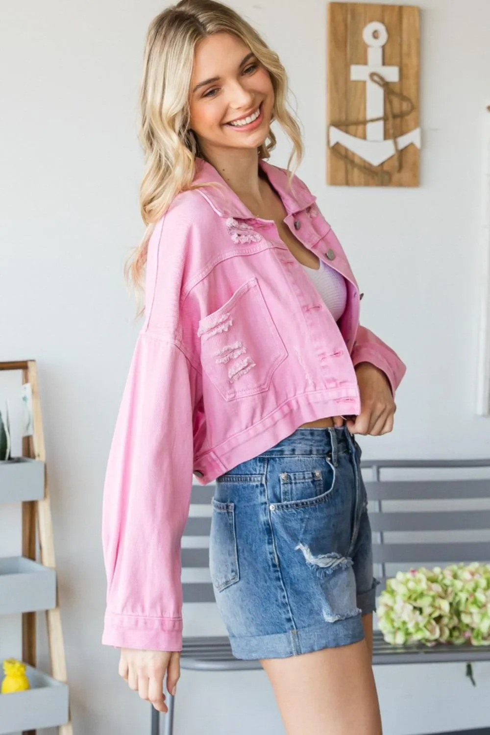 VEVERET Fringe Distressed Button Up Denim Jacket