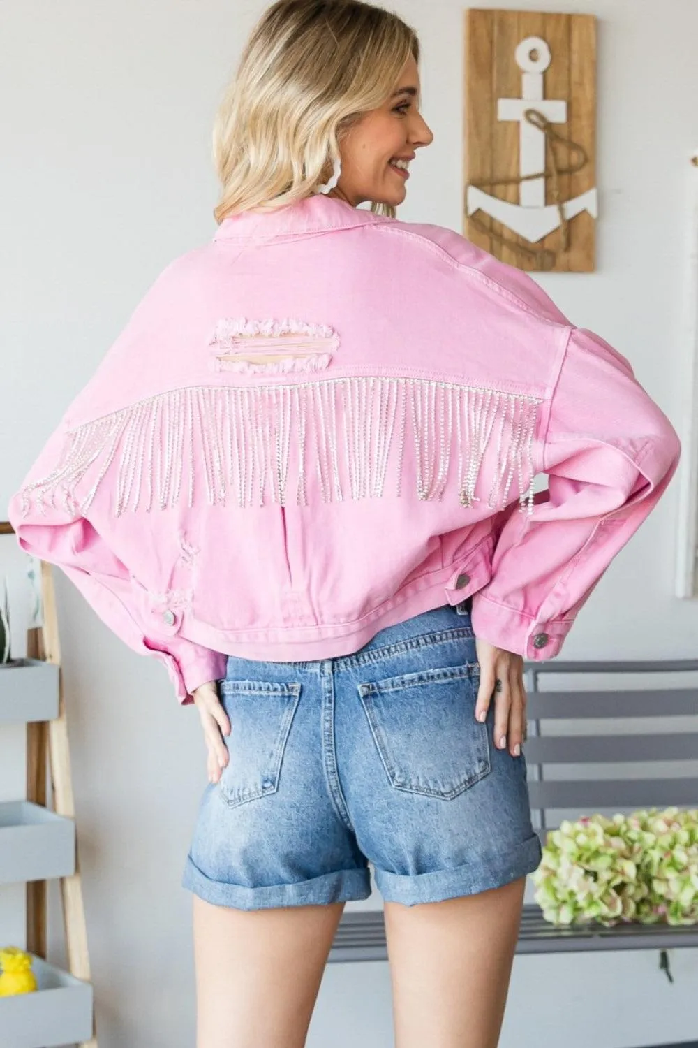 VEVERET Fringe Distressed Button Up Denim Jacket