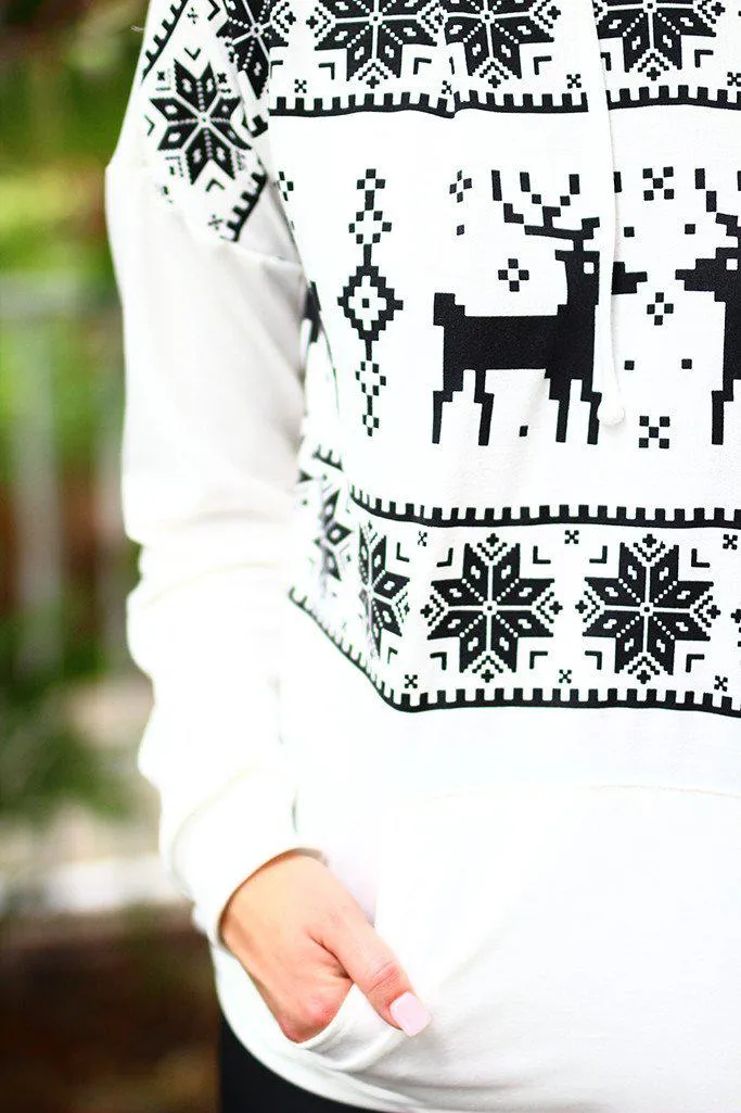 White Reindeer Hoodie With Pocket