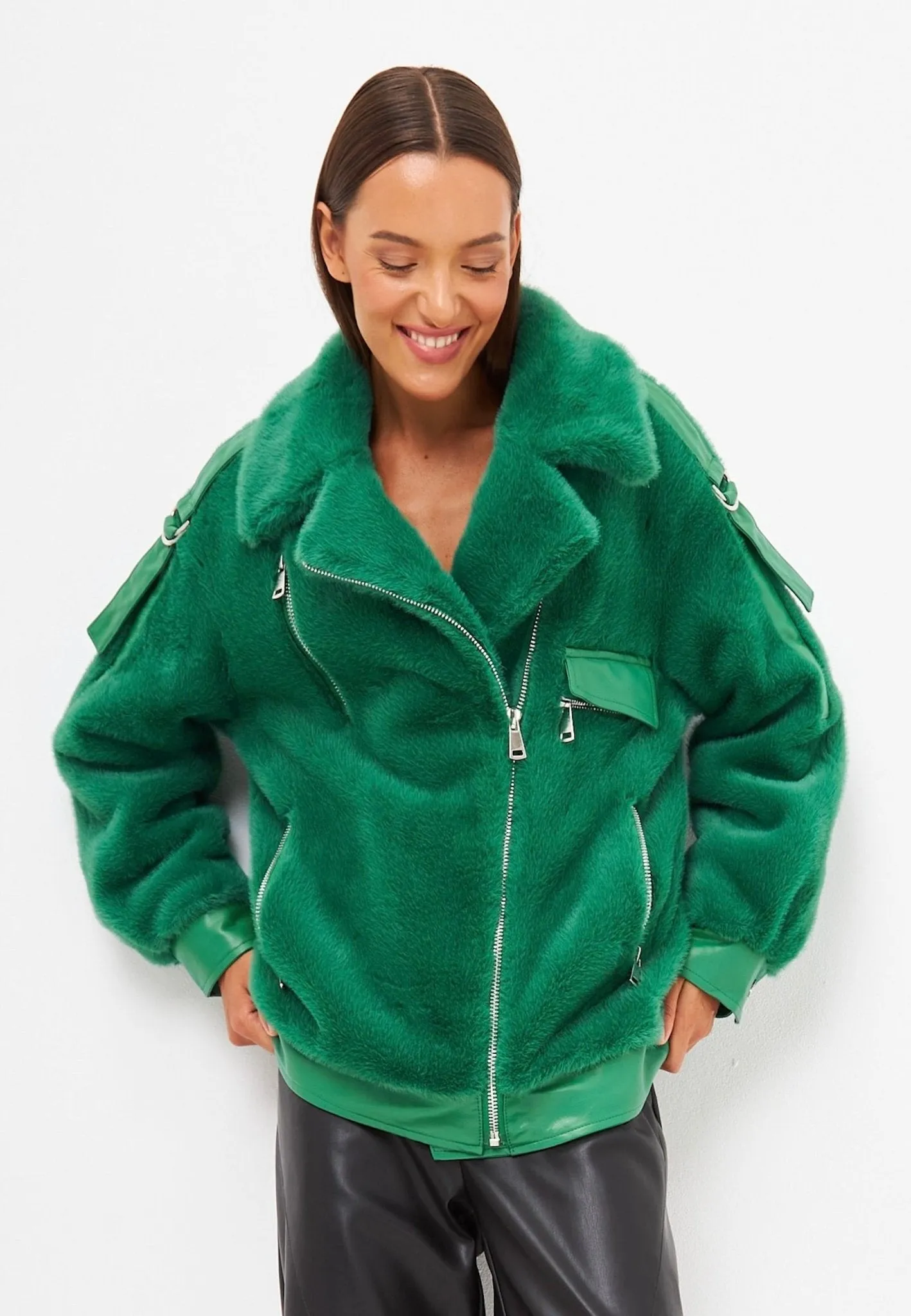 Winter Colourful Faux Fur Jacket -  Green