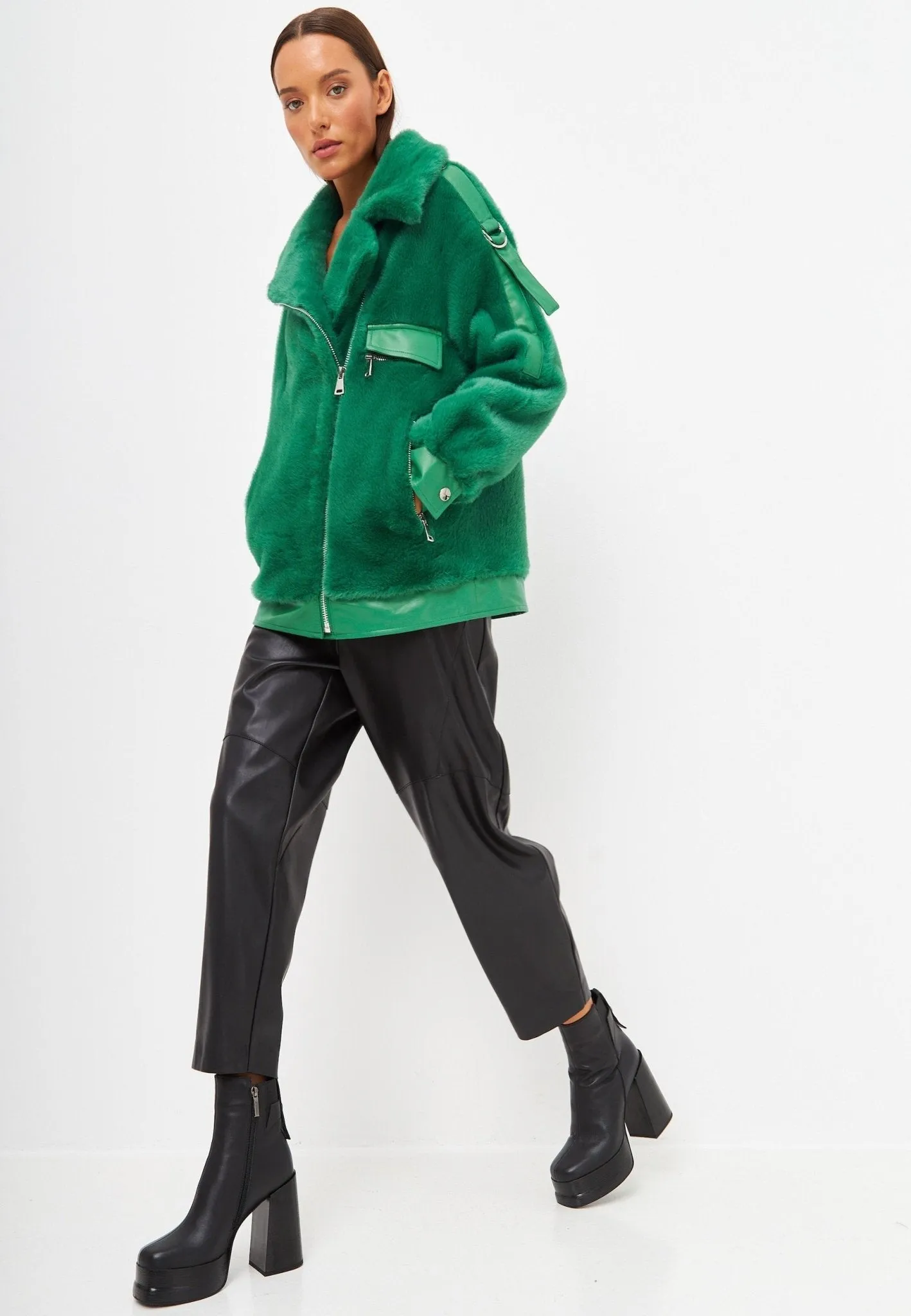 Winter Colourful Faux Fur Jacket -  Green