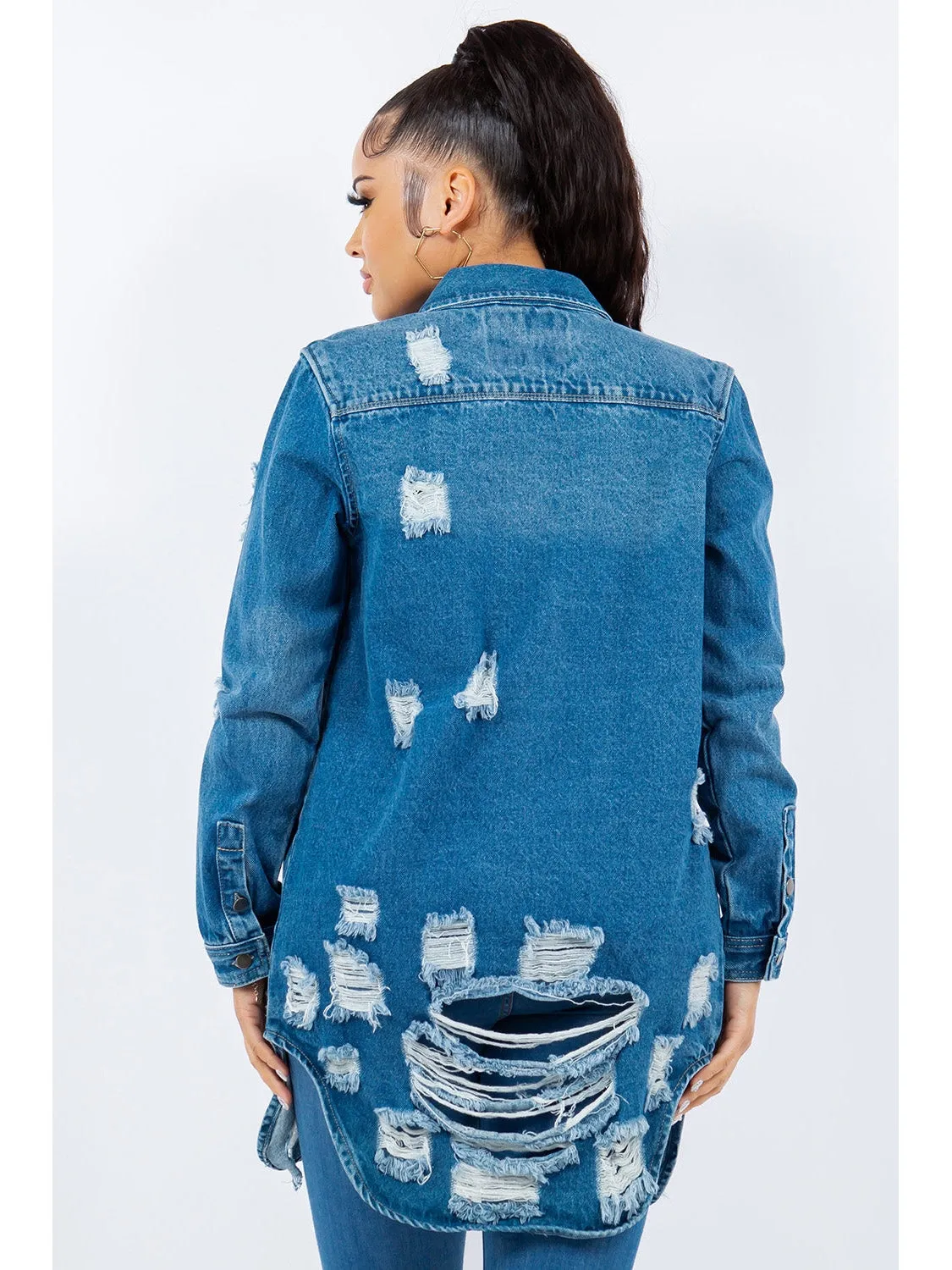 Women American Bazi Distressed Button Up Long Sleeve Denim Jacket