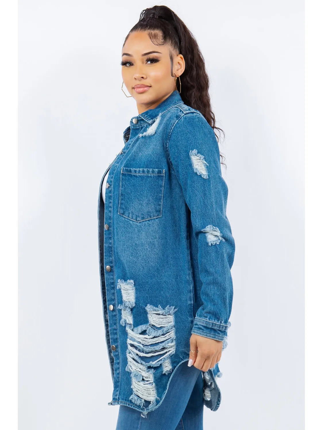 Women American Bazi Distressed Button Up Long Sleeve Denim Jacket