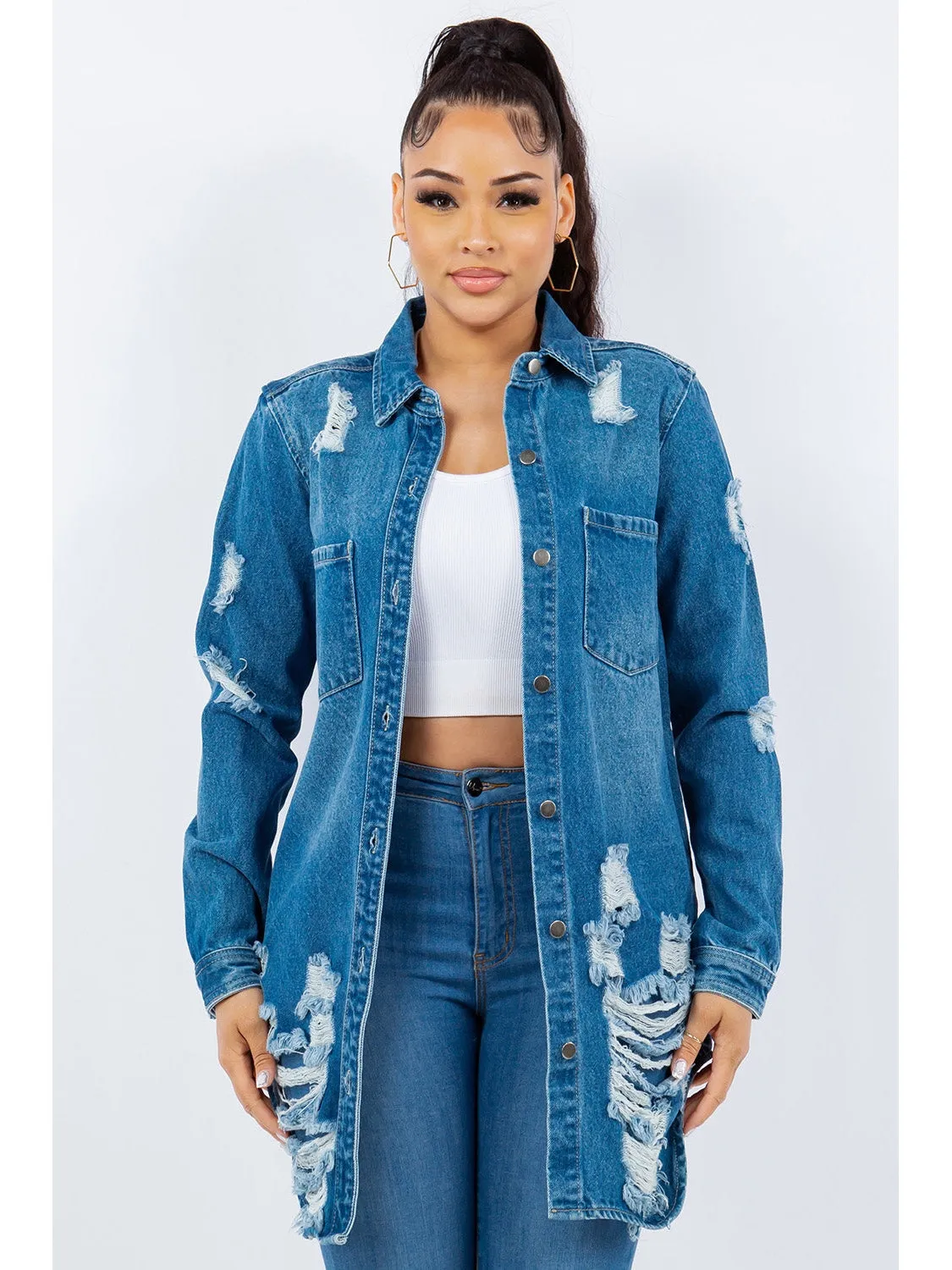 Women American Bazi Distressed Button Up Long Sleeve Denim Jacket