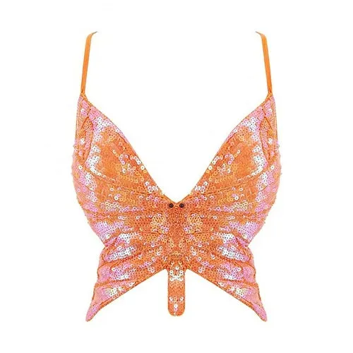 Y2k Butterfly Sequin Crop Top Women Summer Backless V Neck Sexy Club