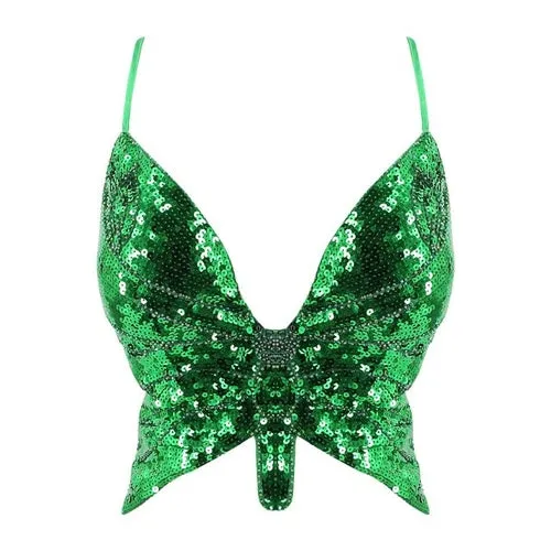 Y2k Butterfly Sequin Crop Top Women Summer Backless V Neck Sexy Club