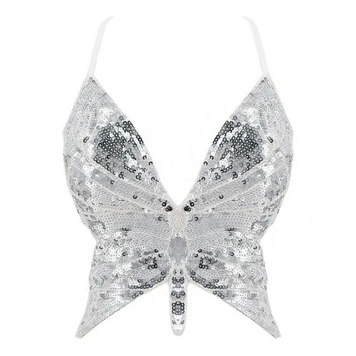 Y2k Butterfly Sequin Crop Top Women Summer Backless V Neck Sexy Club