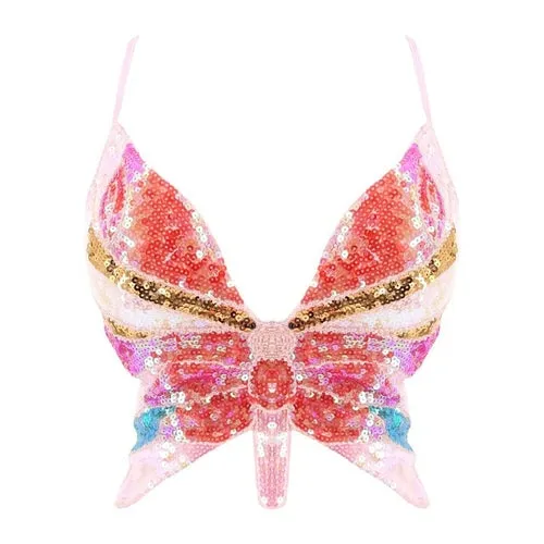 Y2k Butterfly Sequin Crop Top Women Summer Backless V Neck Sexy Club