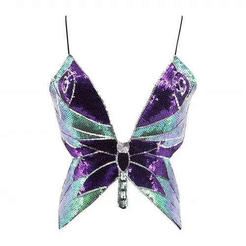 Y2k Butterfly Sequin Crop Top Women Summer Backless V Neck Sexy Club