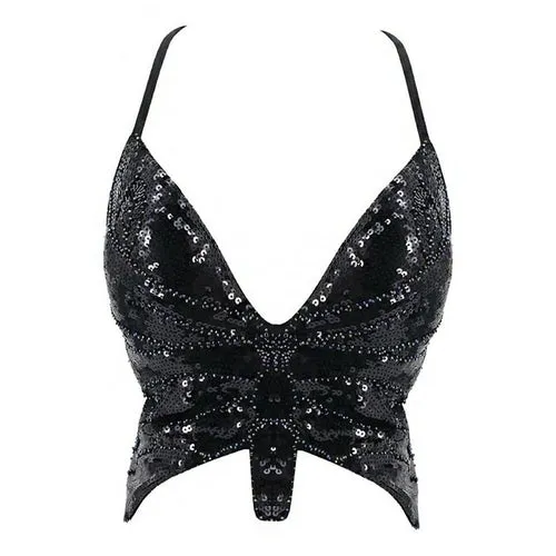 Y2k Butterfly Sequin Crop Top Women Summer Backless V Neck Sexy Club