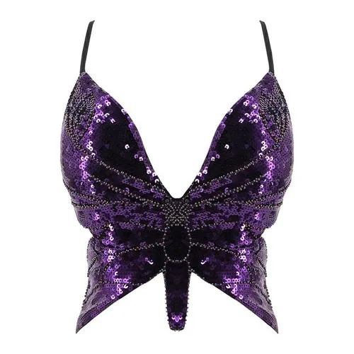 Y2k Butterfly Sequin Crop Top Women Summer Backless V Neck Sexy Club