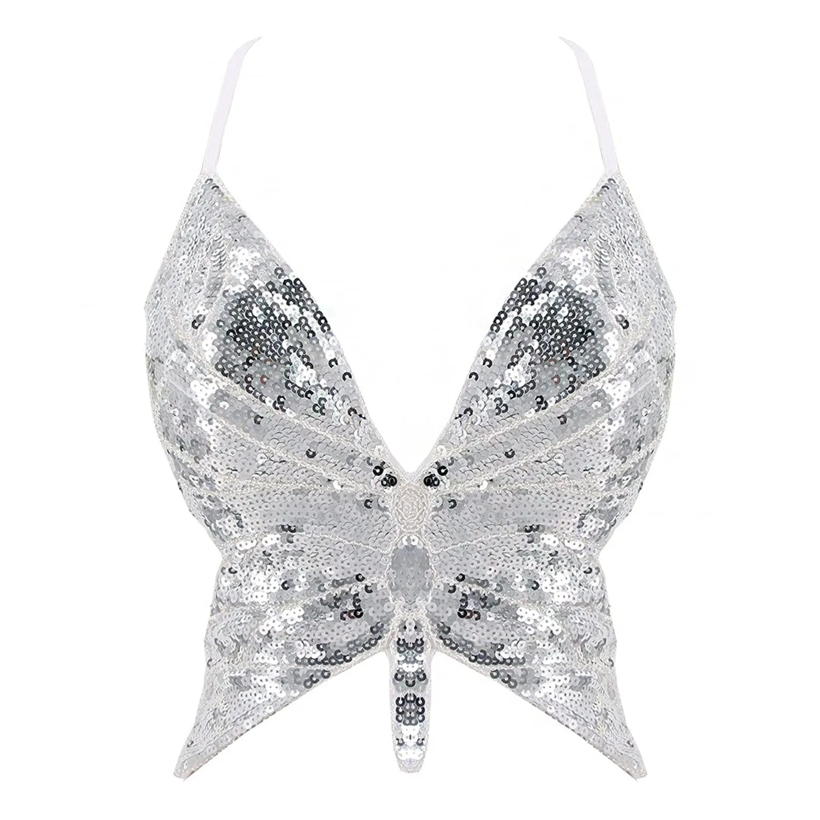 Y2k Butterfly Sequin Crop Top Women Summer Backless V Neck Sexy Club