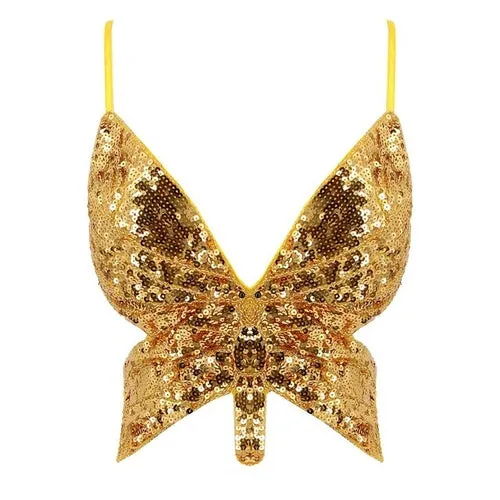 Y2k Butterfly Sequin Crop Top Women Summer Backless V Neck Sexy Club