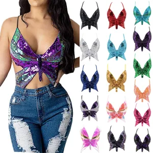 Y2k Butterfly Sequin Crop Top Women Summer Backless V Neck Sexy Club