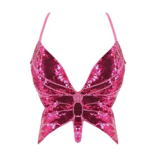 Y2k Butterfly Sequin Crop Top Women Summer Backless V Neck Sexy Club