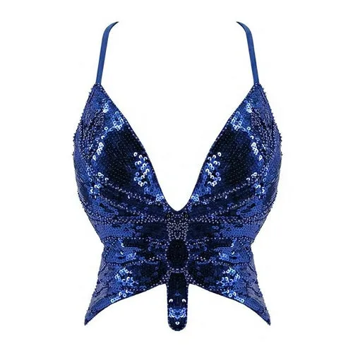 Y2k Butterfly Sequin Crop Top Women Summer Backless V Neck Sexy Club