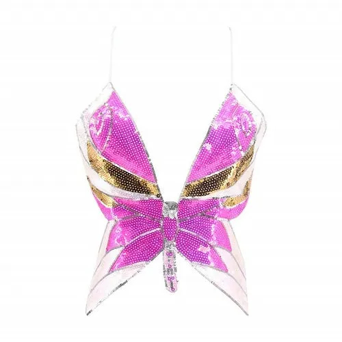 Y2k Butterfly Sequin Crop Top Women Summer Backless V Neck Sexy Club