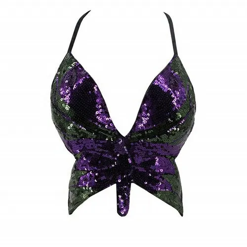 Y2k Butterfly Sequin Crop Top Women Summer Backless V Neck Sexy Club