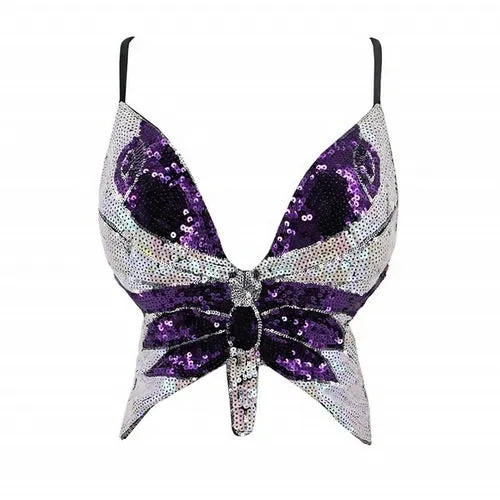 Y2k Butterfly Sequin Crop Top Women Summer Backless V Neck Sexy Club