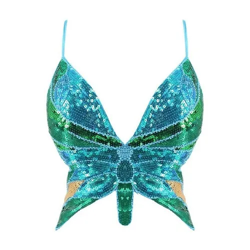 Y2k Butterfly Sequin Crop Top Women Summer Backless V Neck Sexy Club