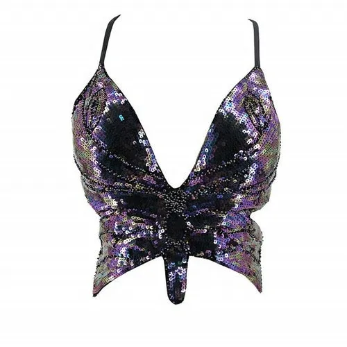 Y2k Butterfly Sequin Crop Top Women Summer Backless V Neck Sexy Club