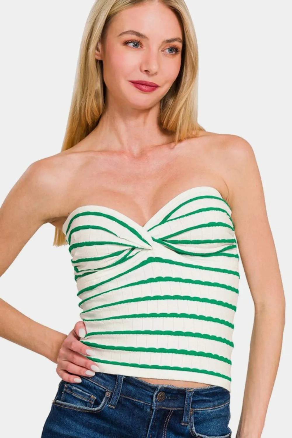 Zenana Twisted Sweetheart Neck Striped Tube Top